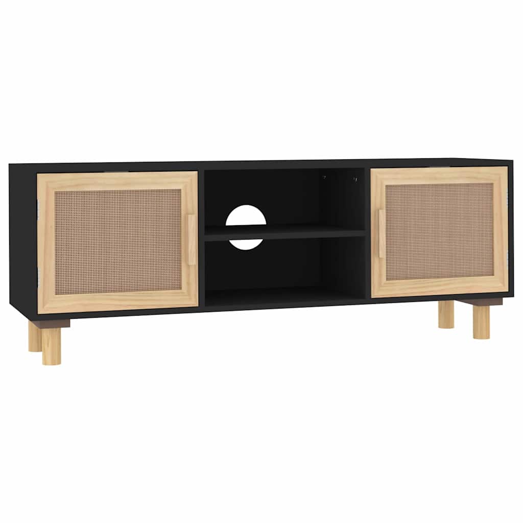 vidaXL Stolik pod TV, czarny, 105x30x40 cm, drewno sosnowe i rattan