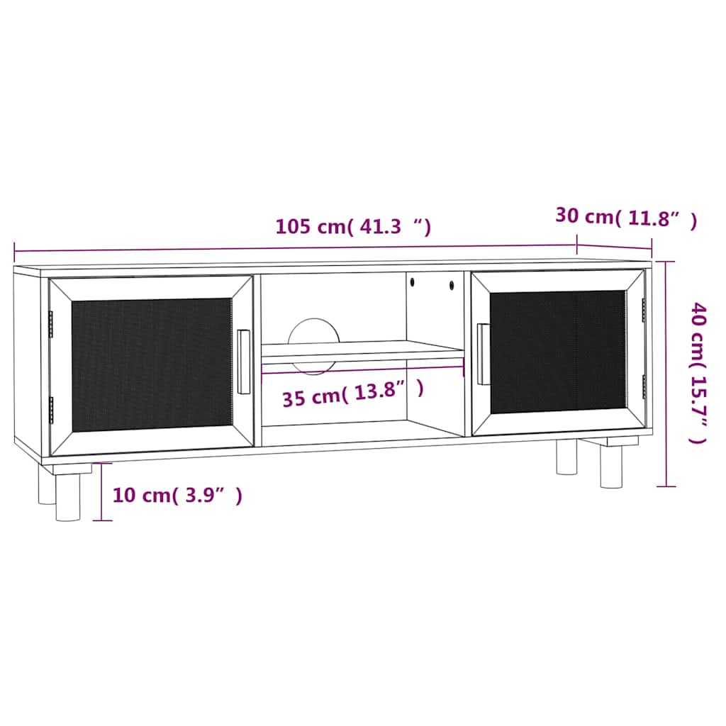 vidaXL Stolik pod TV, czarny, 105x30x40 cm, drewno sosnowe i rattan