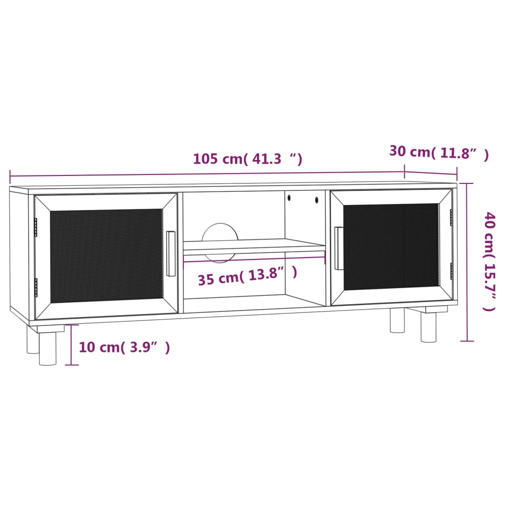 vidaXL Stolik pod TV, brązowy, 105x30x40 cm, drewno sosnowe i rattan