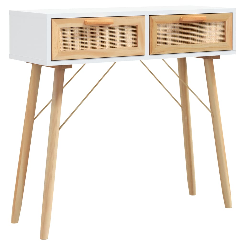 vidaXL Stolik konsolowy, biały, 80x30x75 cm, lita sosna i rattan