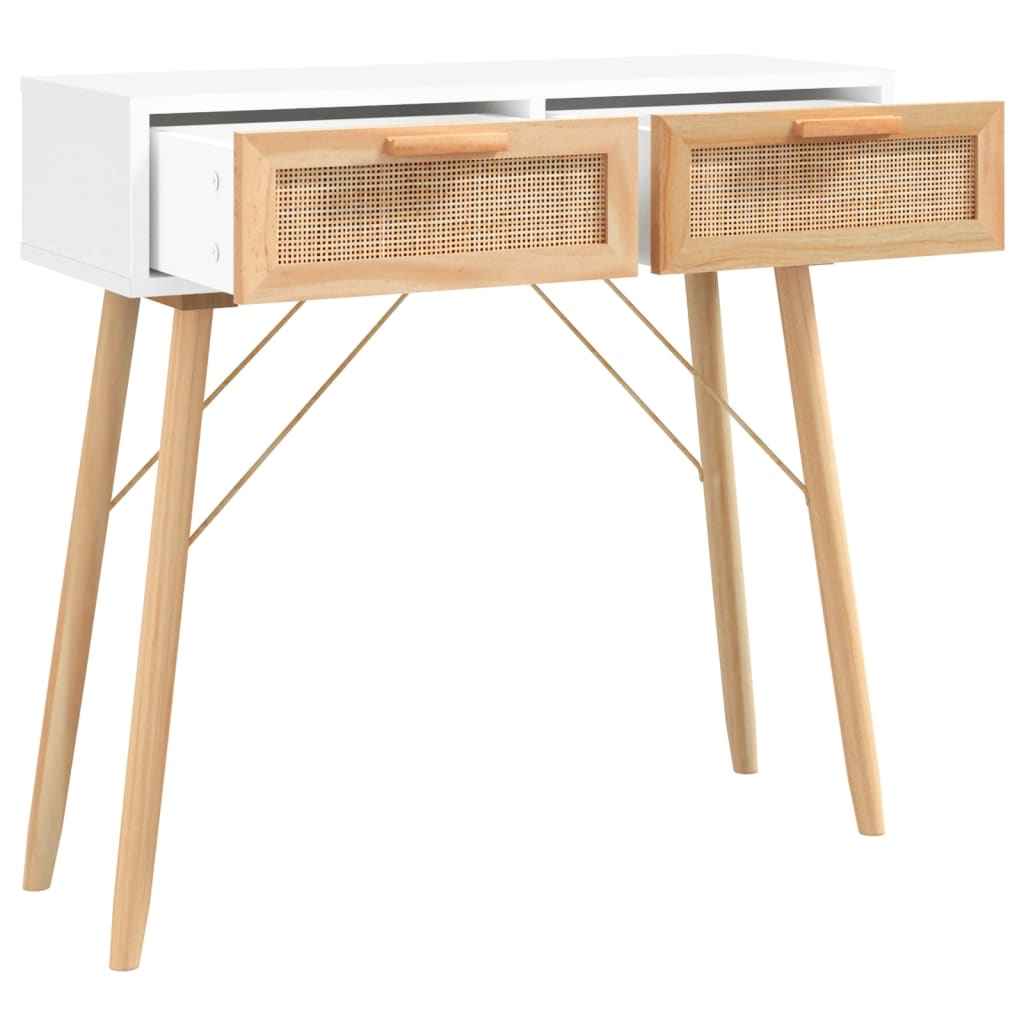 vidaXL Stolik konsolowy, biały, 80x30x75 cm, lita sosna i rattan