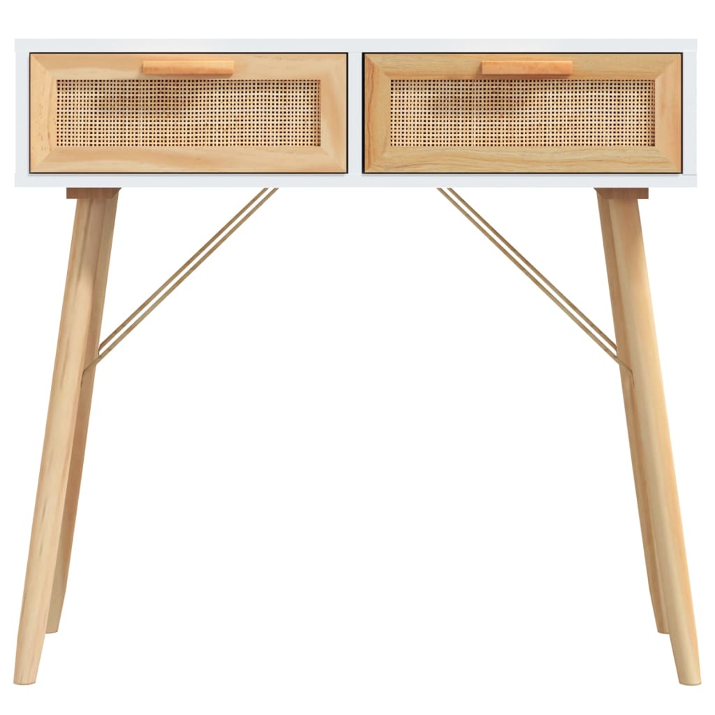 vidaXL Stolik konsolowy, biały, 80x30x75 cm, lita sosna i rattan