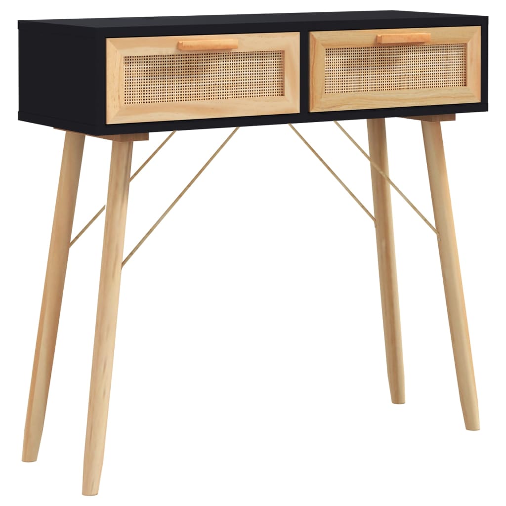vidaXL Stolik konsolowy, czarny, 80x30x75 cm, lita sosna i rattan