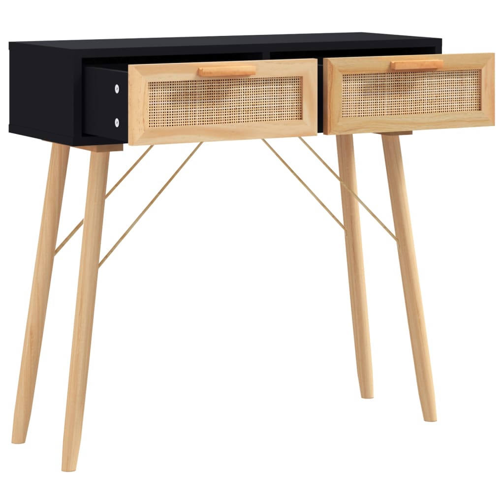 vidaXL Stolik konsolowy, czarny, 80x30x75 cm, lita sosna i rattan