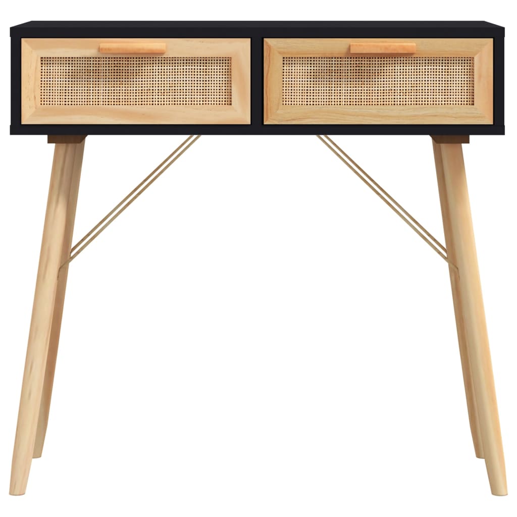vidaXL Stolik konsolowy, czarny, 80x30x75 cm, lita sosna i rattan
