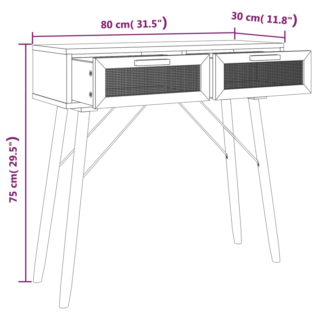 vidaXL Stolik konsolowy, czarny, 80x30x75 cm, lita sosna i rattan