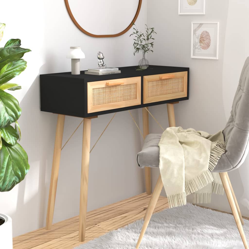 vidaXL Stolik konsolowy, czarny, 80x30x75 cm, lita sosna i rattan