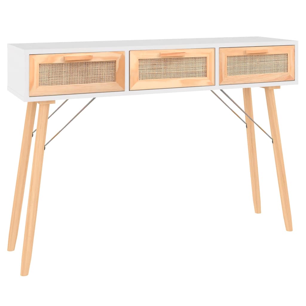 vidaXL Stolik konsolowy, biały, 105x30x75 cm, drewno sosnowe i rattan
