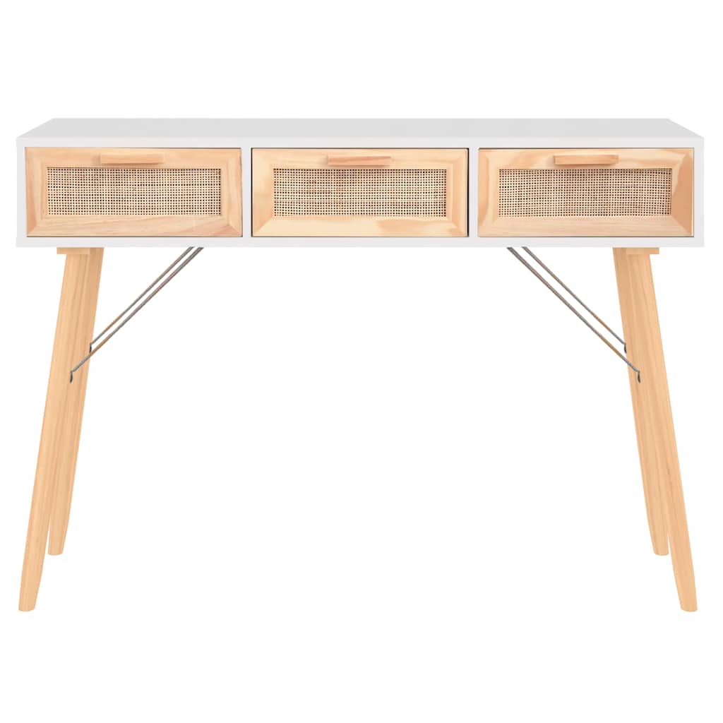 vidaXL Stolik konsolowy, biały, 105x30x75 cm, drewno sosnowe i rattan