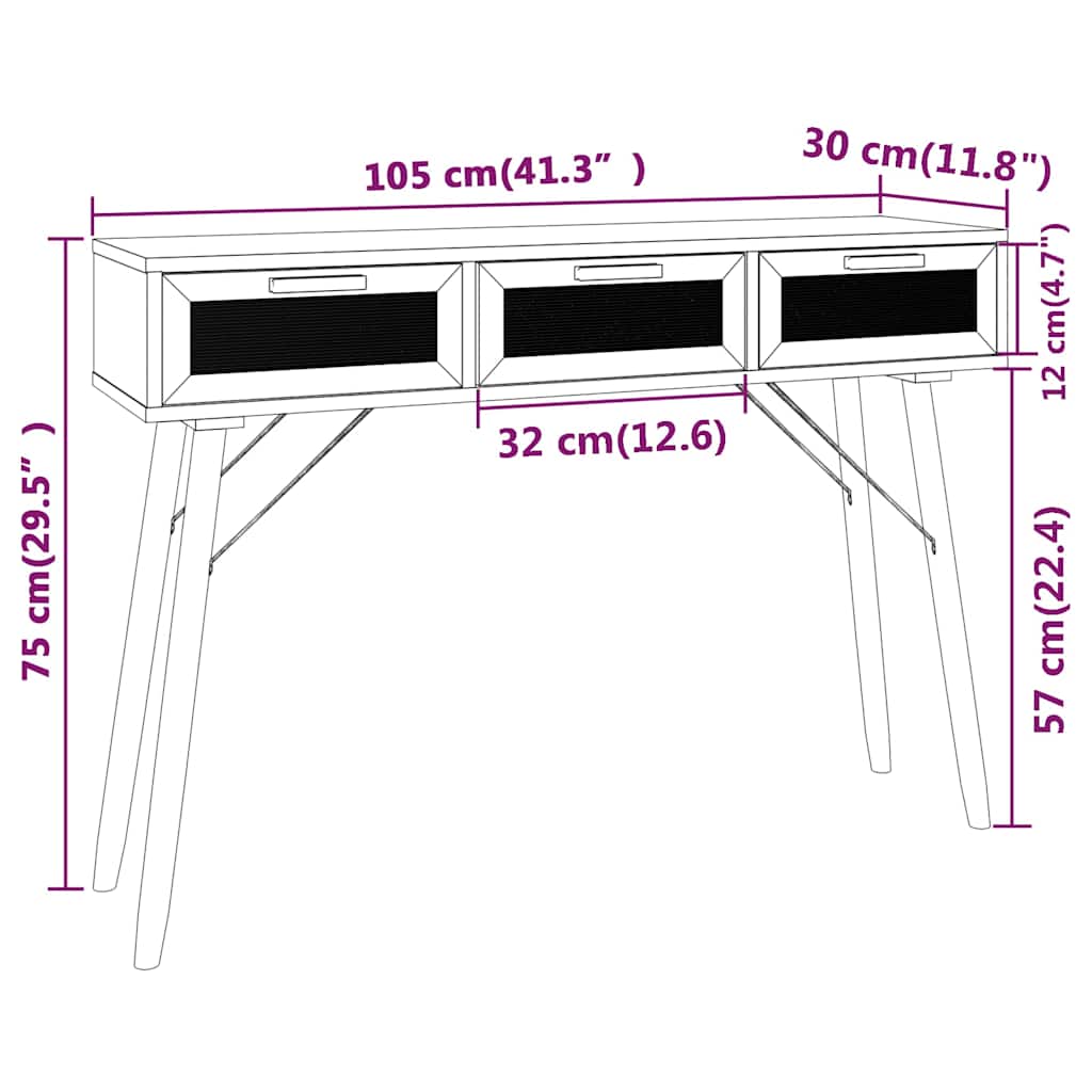 vidaXL Stolik konsolowy, biały, 105x30x75 cm, drewno sosnowe i rattan