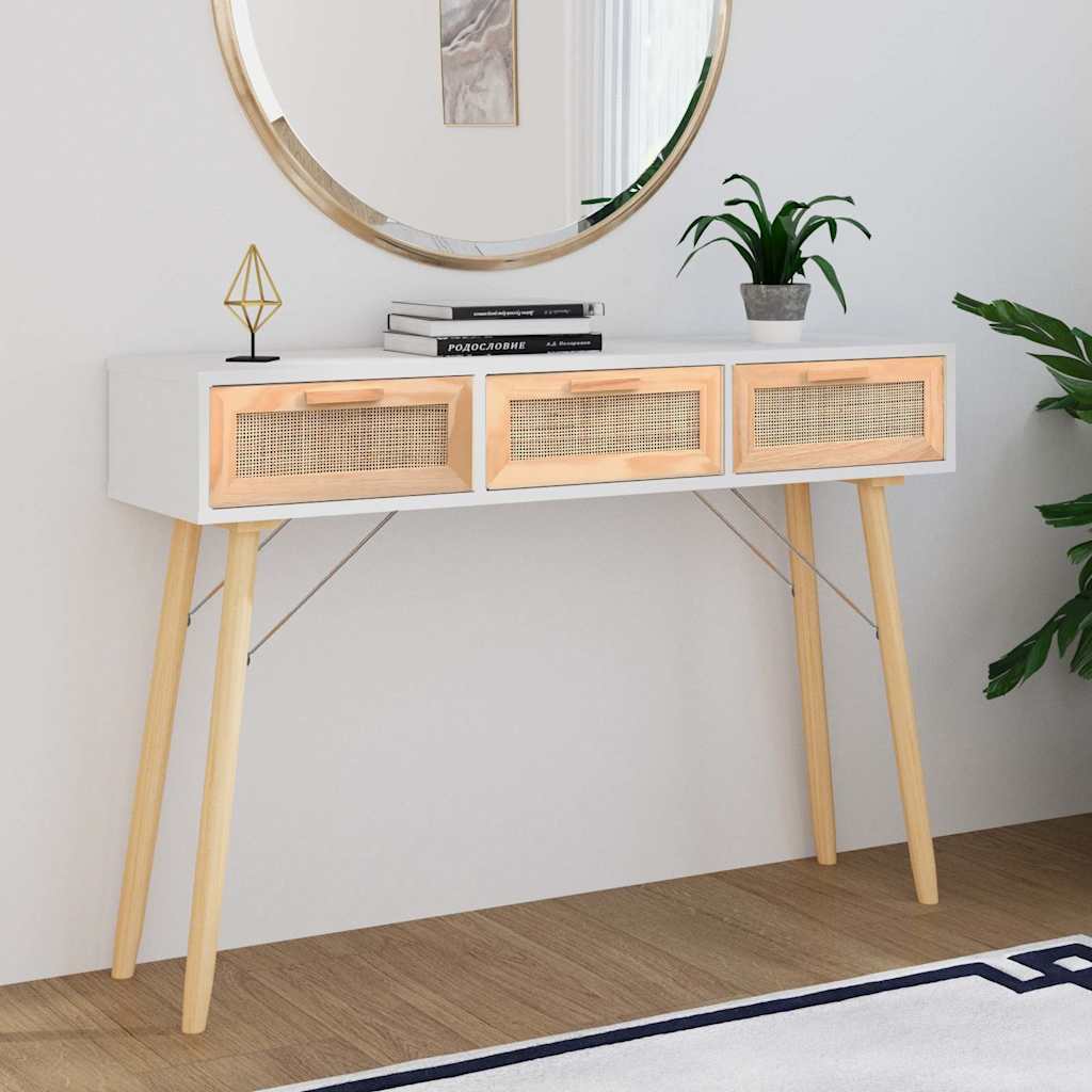 vidaXL Stolik konsolowy, biały, 105x30x75 cm, drewno sosnowe i rattan