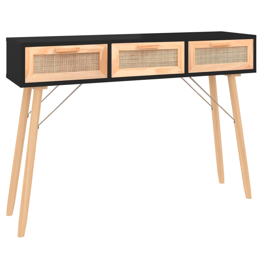 vidaXL Stolik konsolowy, czarny, 105x30x75 cm, drewno sosnowe i rattan