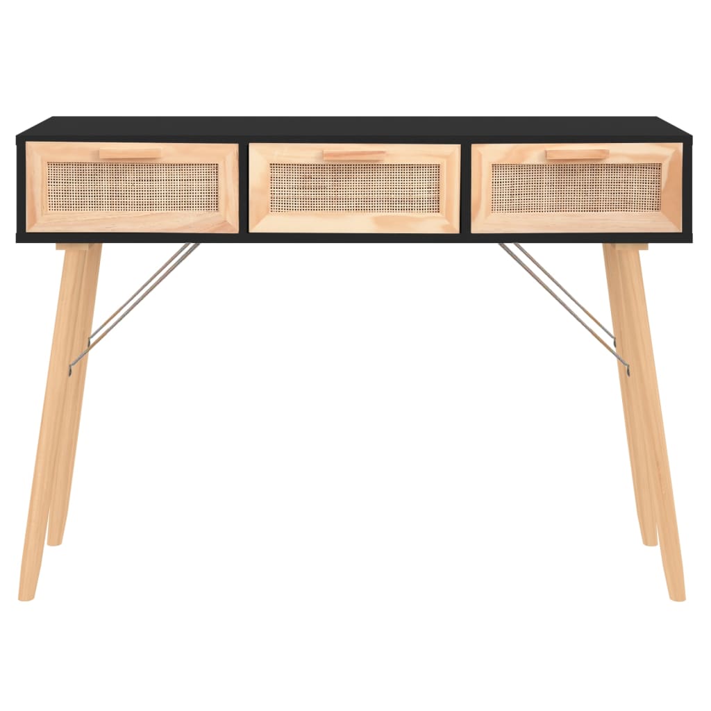 vidaXL Stolik konsolowy, czarny, 105x30x75 cm, drewno sosnowe i rattan