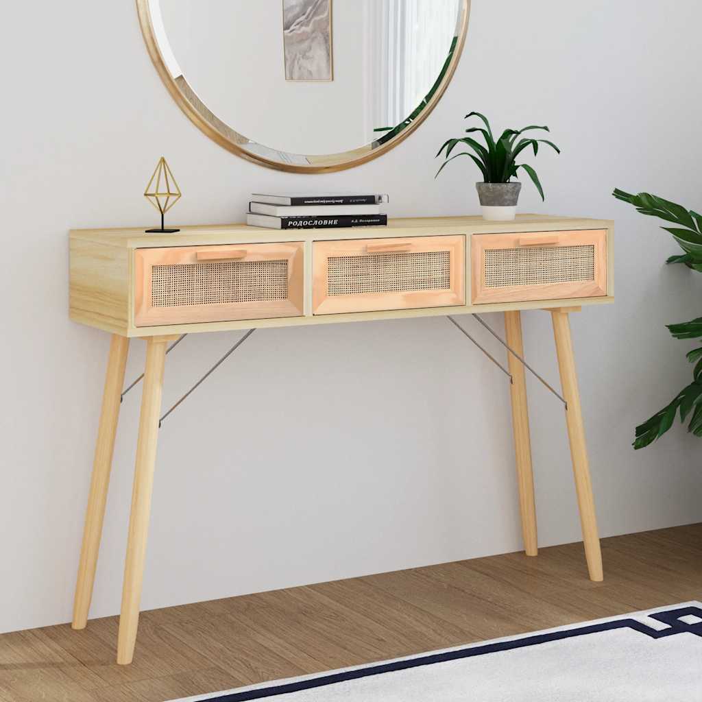vidaXL Stolik konsolowy, brązowy, 105x30x75 cm, lita sosna i rattan