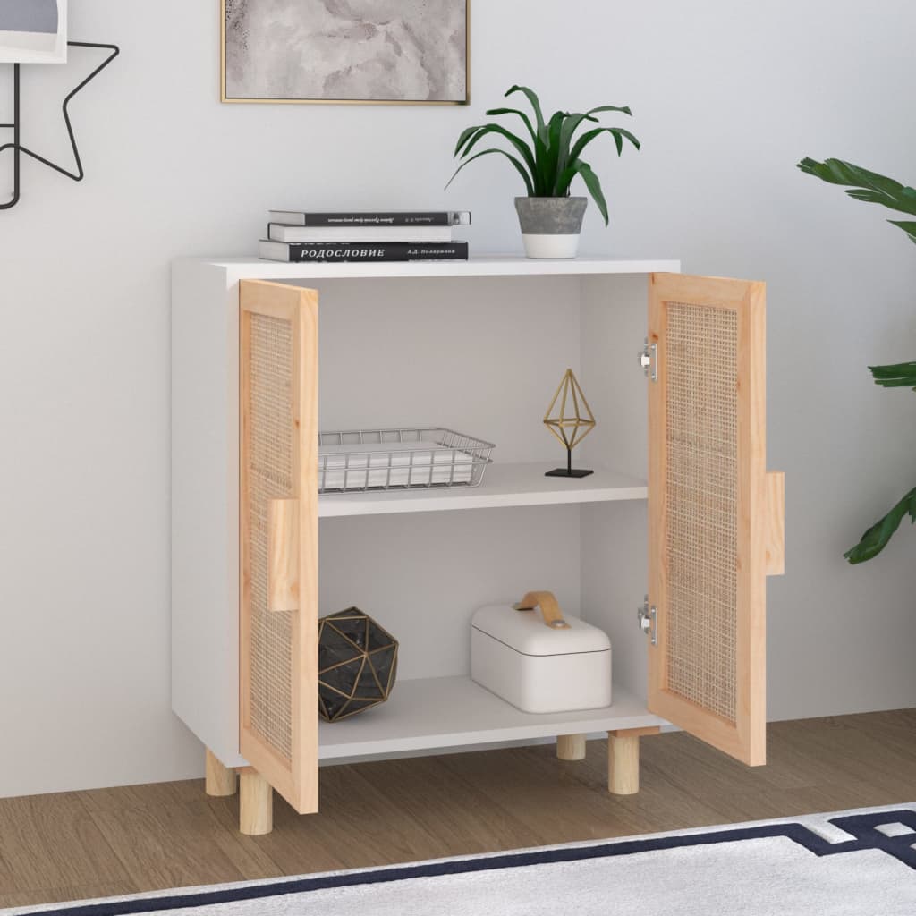 vidaXL Kredens, biały, 60x30x70 cm, lita sosna i naturalny rattan