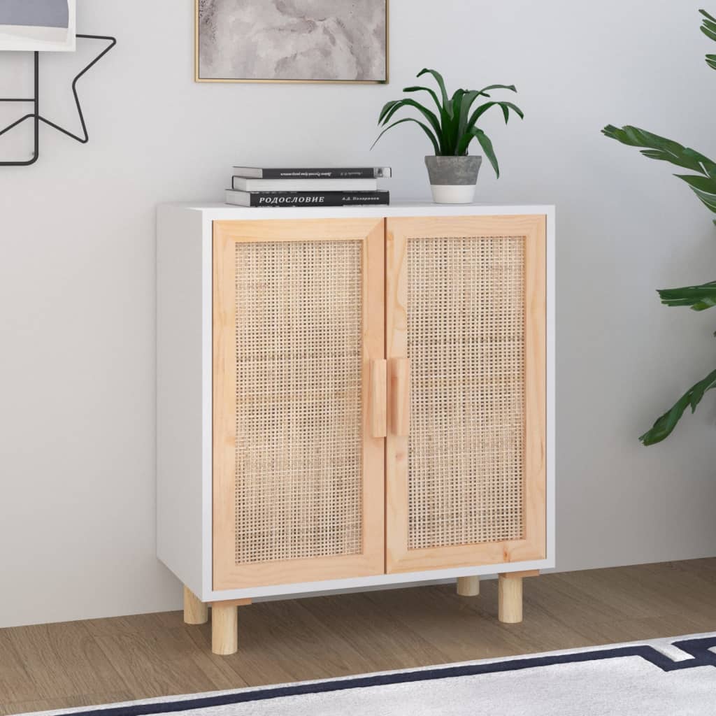 vidaXL Kredens, biały, 60x30x70 cm, lita sosna i naturalny rattan