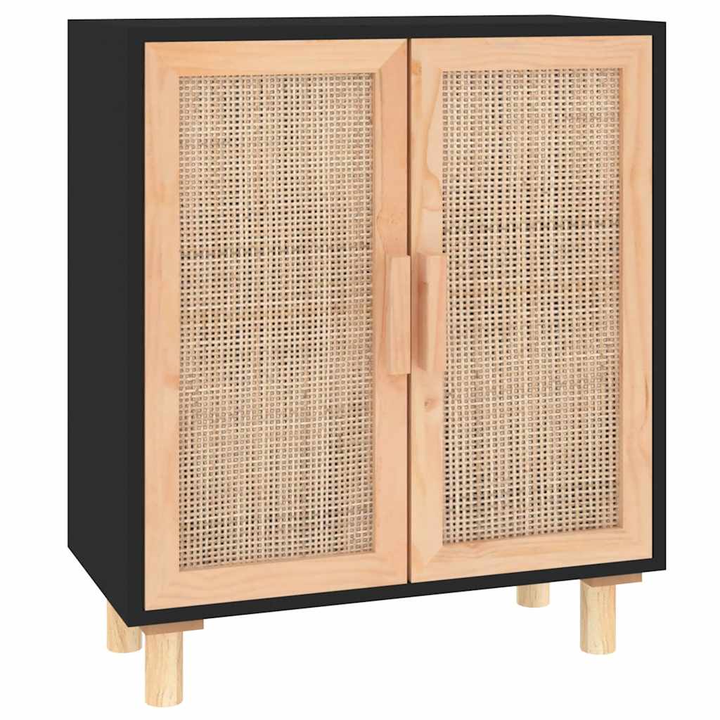 vidaXL Komoda, czarna, 60x30x70 cm, lita sosna i naturalny rattan