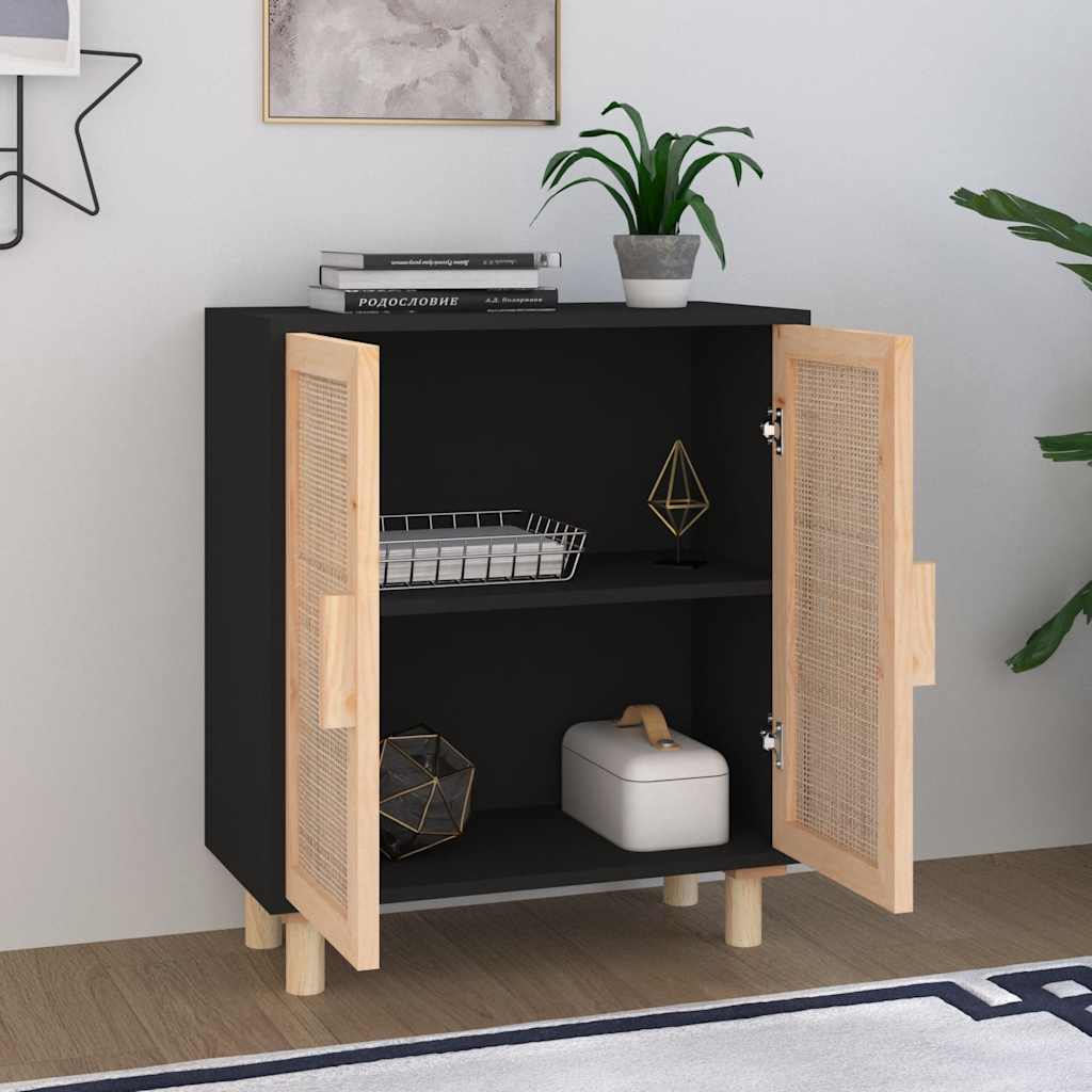 vidaXL Komoda, czarna, 60x30x70 cm, lita sosna i naturalny rattan
