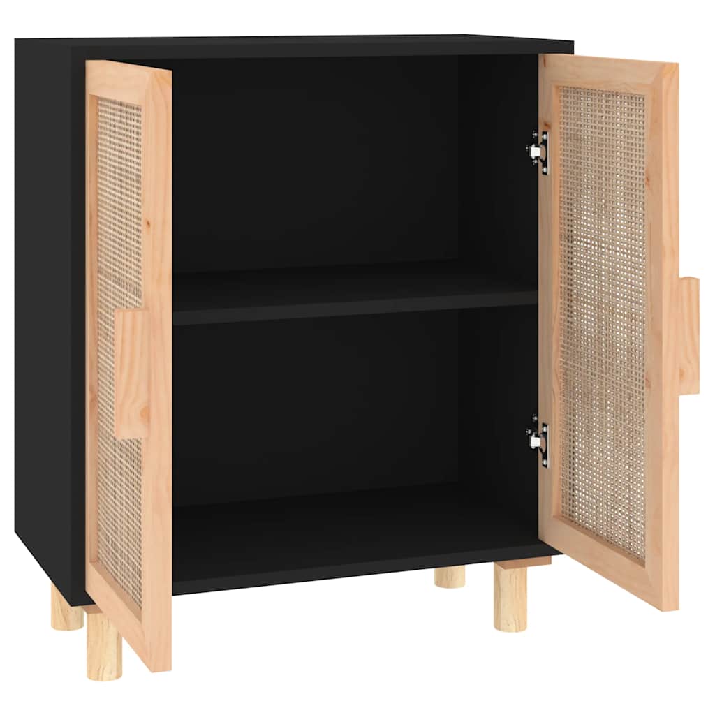 vidaXL Komoda, czarna, 60x30x70 cm, lita sosna i naturalny rattan