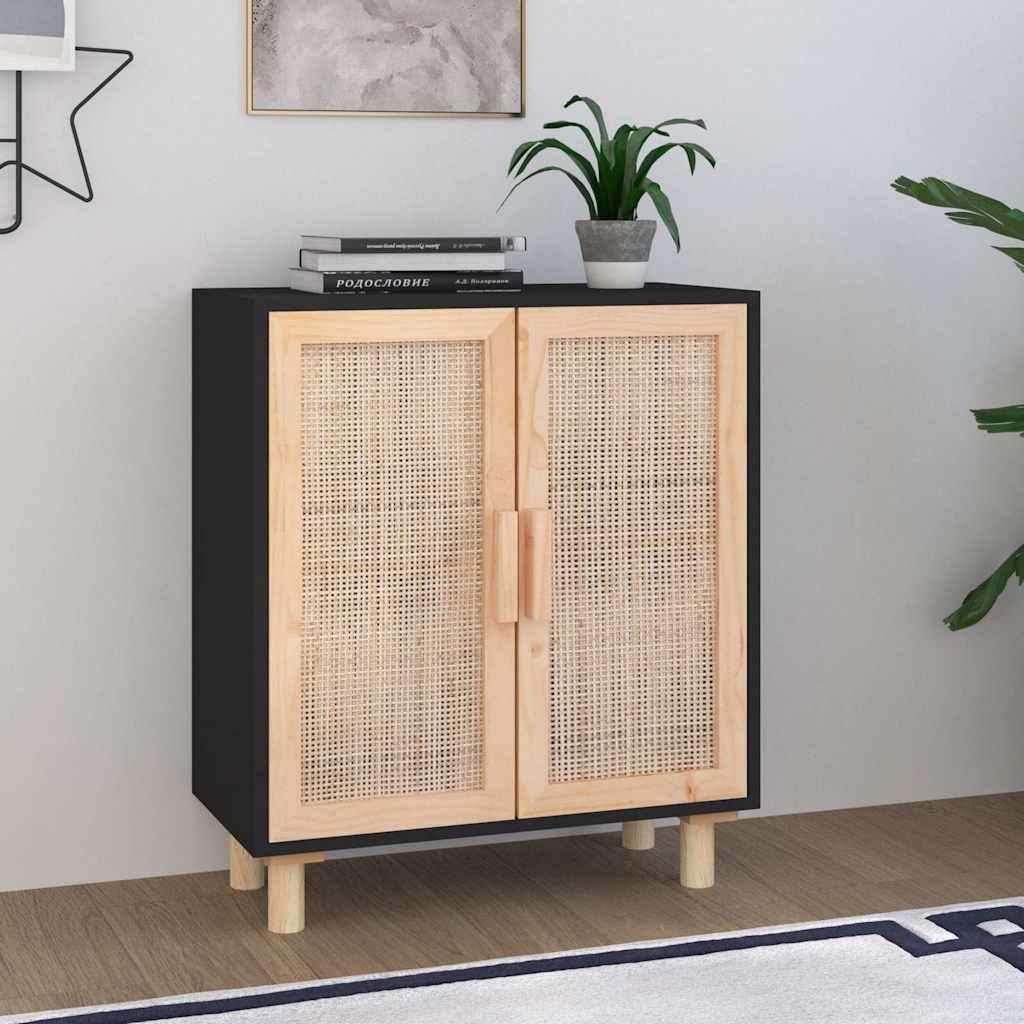 vidaXL Komoda, czarna, 60x30x70 cm, lita sosna i naturalny rattan
