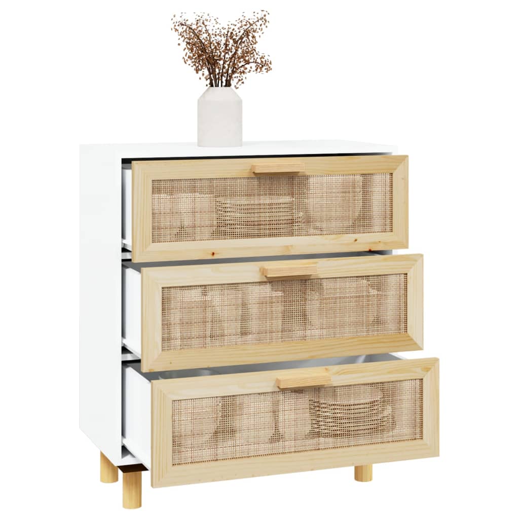 vidaXL Kredens, biały, 60x30x70 cm, lita sosna i naturalny rattan