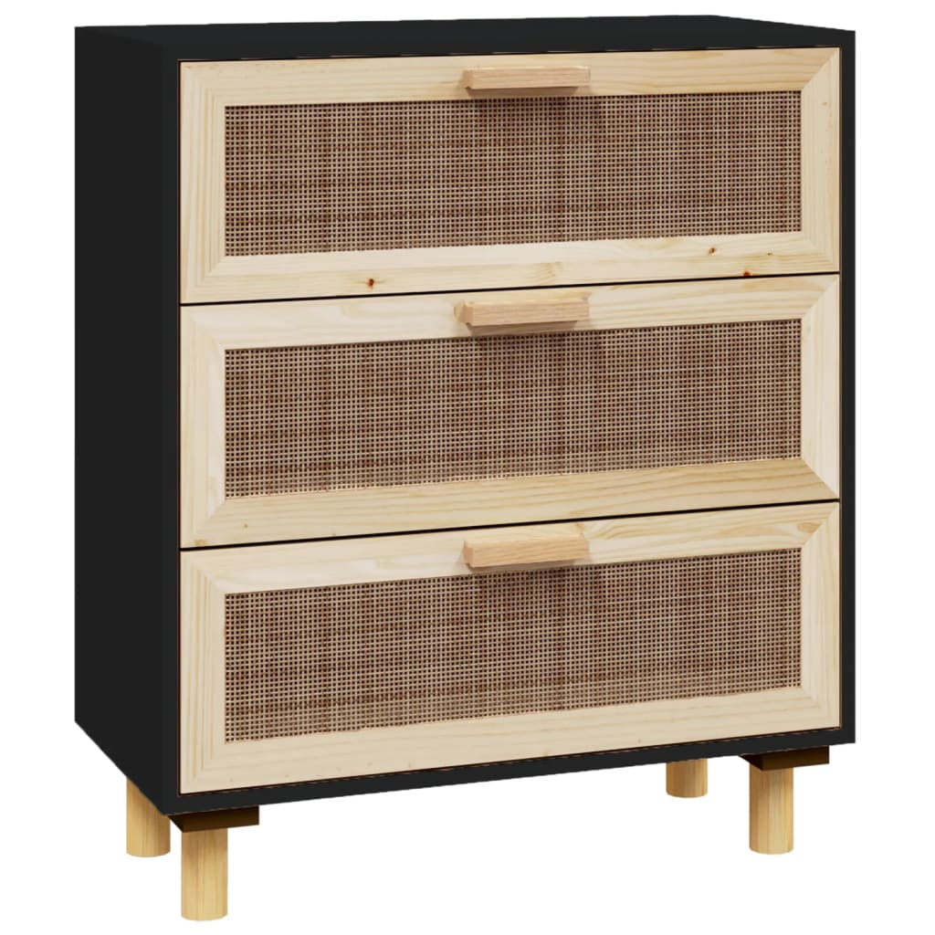 vidaXL Komoda, czarna, 60x30x70 cm, lita sosna i naturalny rattan
