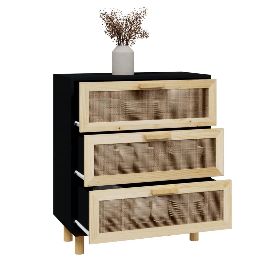 vidaXL Komoda, czarna, 60x30x70 cm, lita sosna i naturalny rattan
