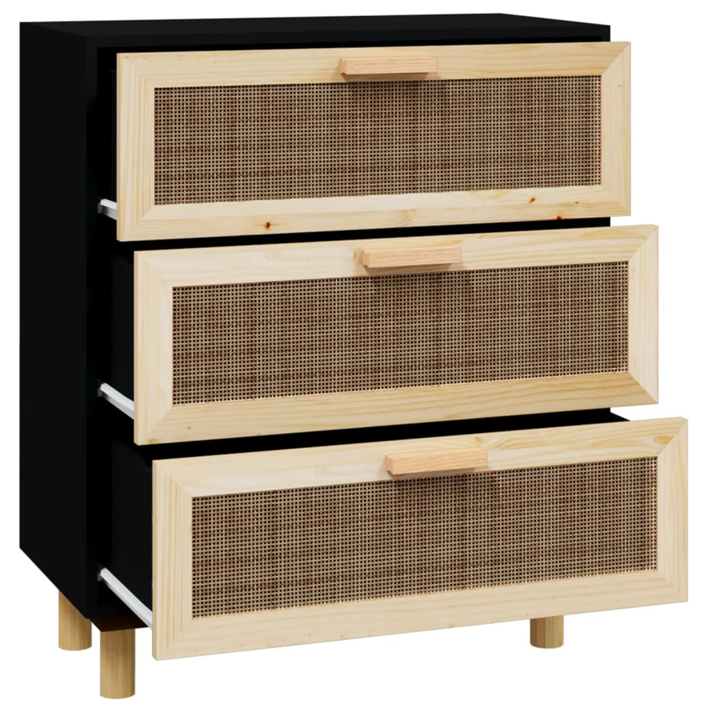 vidaXL Komoda, czarna, 60x30x70 cm, lita sosna i naturalny rattan