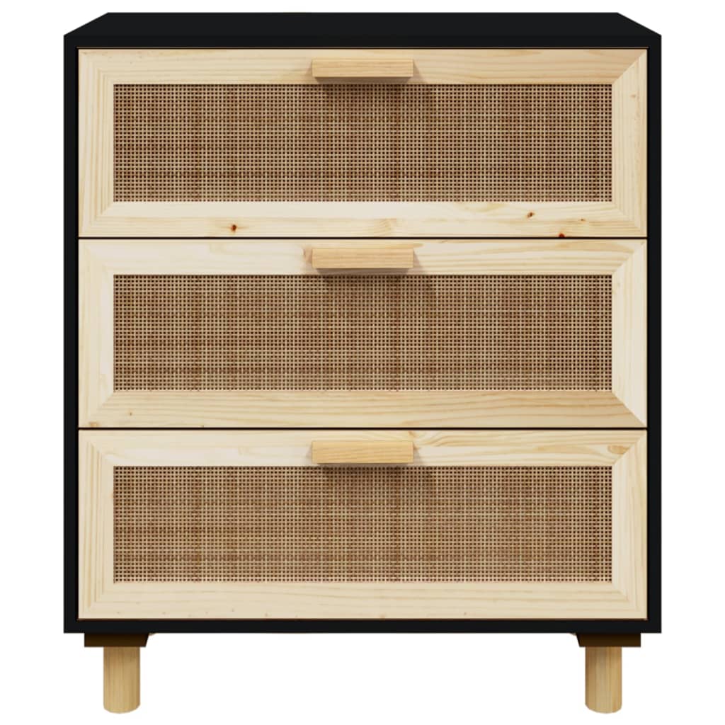 vidaXL Komoda, czarna, 60x30x70 cm, lita sosna i naturalny rattan