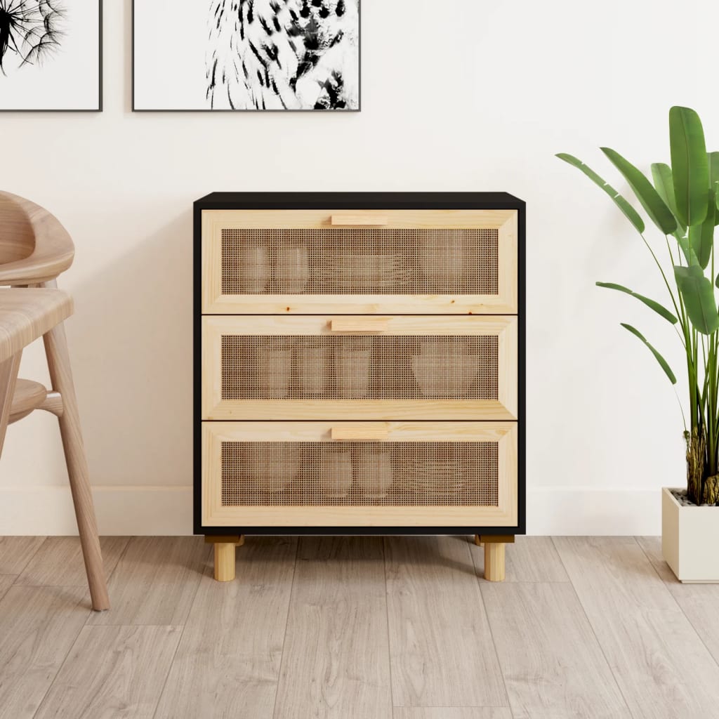 vidaXL Komoda, czarna, 60x30x70 cm, lita sosna i naturalny rattan