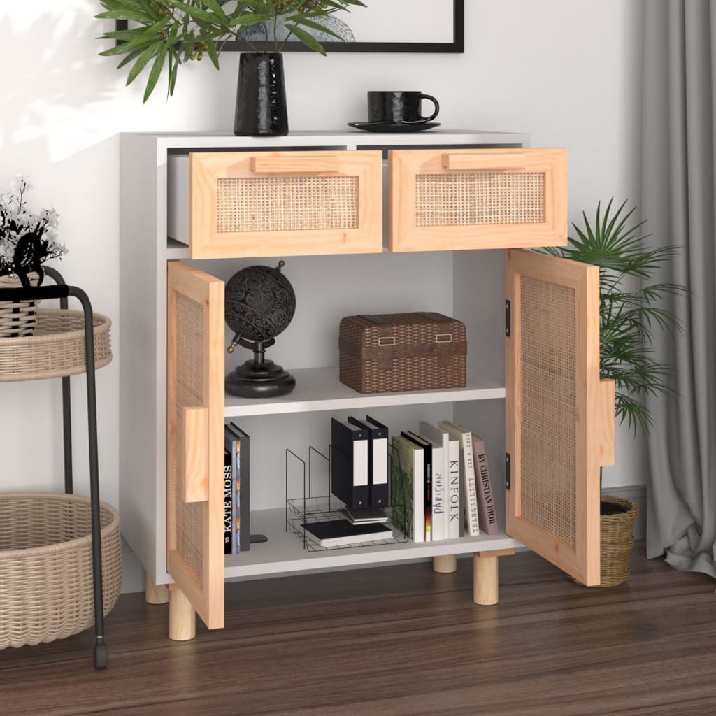 vidaXL Szafka, biała, 60x30x75 cm, lita sosna i naturalny rattan