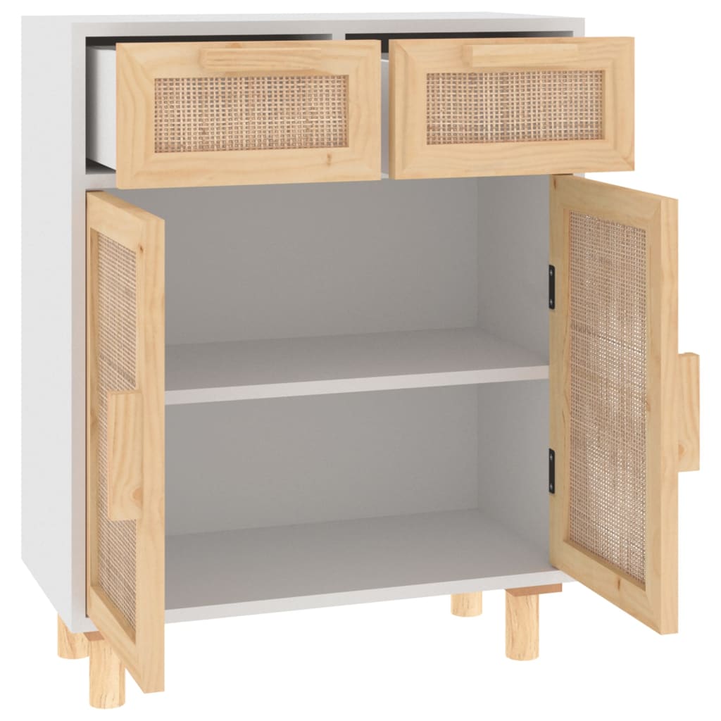 vidaXL Szafka, biała, 60x30x75 cm, lita sosna i naturalny rattan