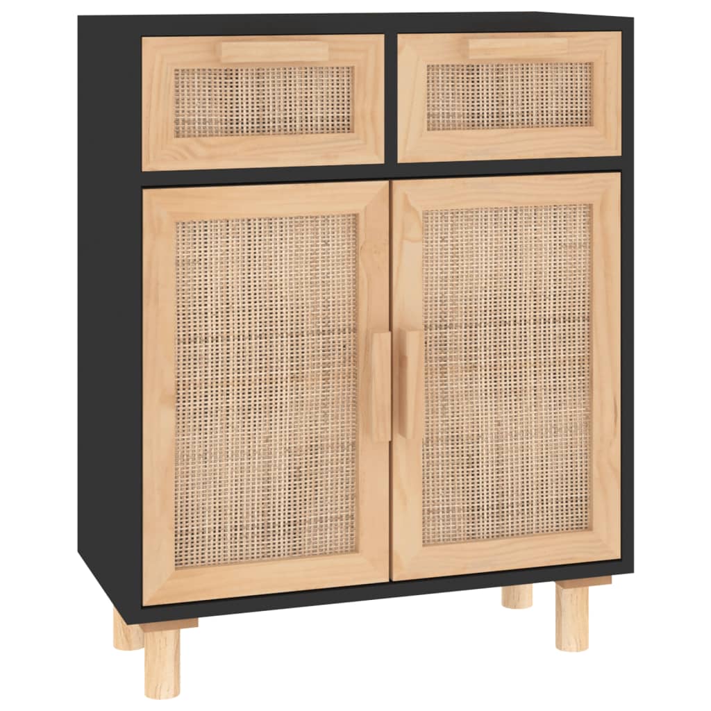 vidaXL Komoda, czarna, 60x30x75 cm, lita sosna i naturalny rattan