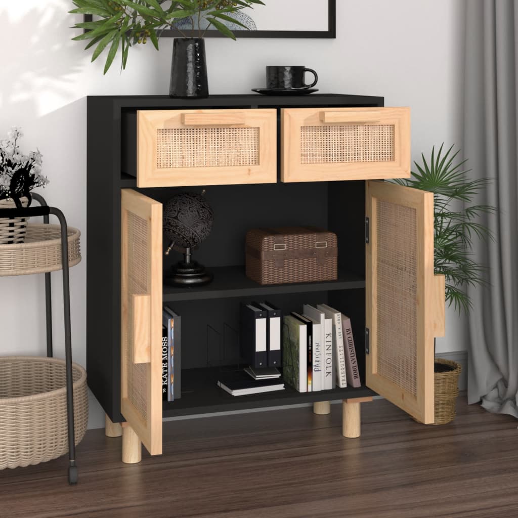 vidaXL Komoda, czarna, 60x30x75 cm, lita sosna i naturalny rattan