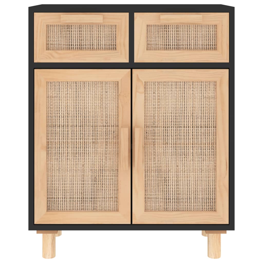 vidaXL Komoda, czarna, 60x30x75 cm, lita sosna i naturalny rattan