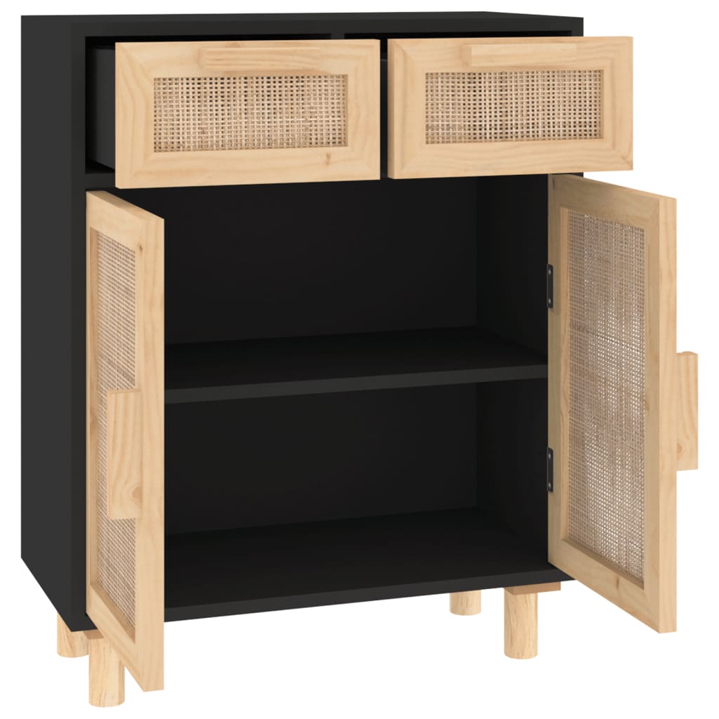 vidaXL Komoda, czarna, 60x30x75 cm, lita sosna i naturalny rattan