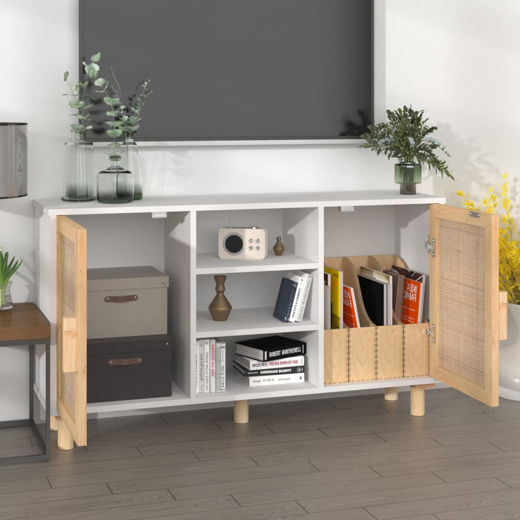vidaXL Kredens, biały, 105x30x60 cm, lita sosna i naturalny rattan