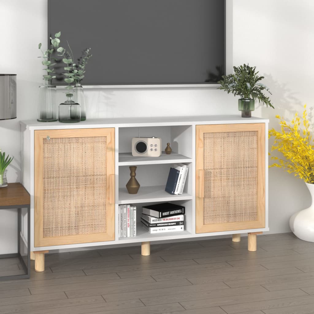 vidaXL Kredens, biały, 105x30x60 cm, lita sosna i naturalny rattan