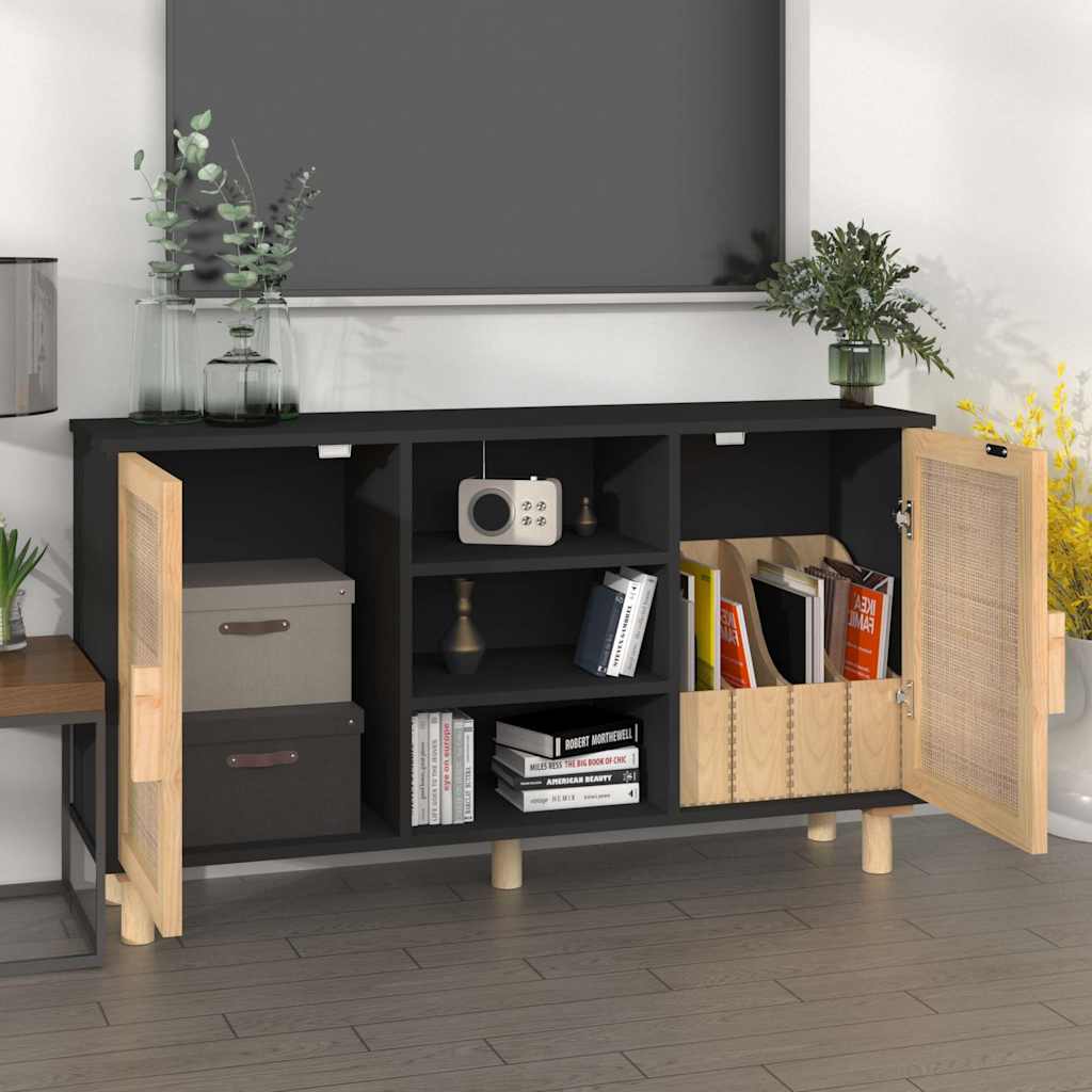 vidaXL Komoda, czarna, 105x30x60 cm, lita sosna i naturalny rattan