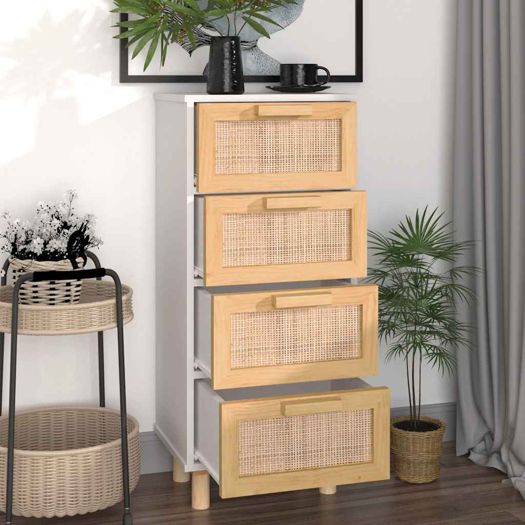 vidaXL Szafka, biała, 40x30x90 cm, lita sosna i naturalny rattan