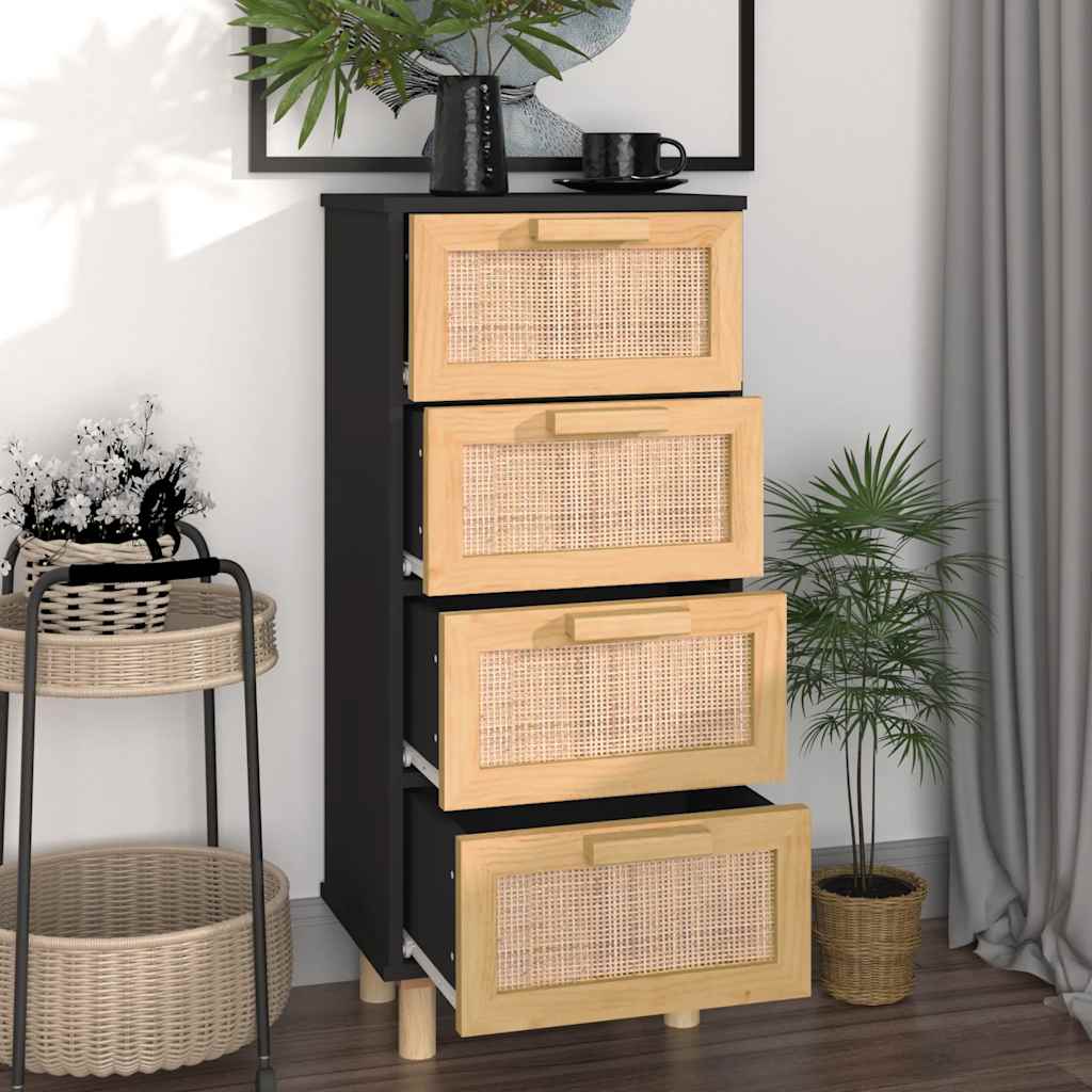 vidaXL Komoda, czarna, 40x30x90 cm, lita sosna i naturalny rattan