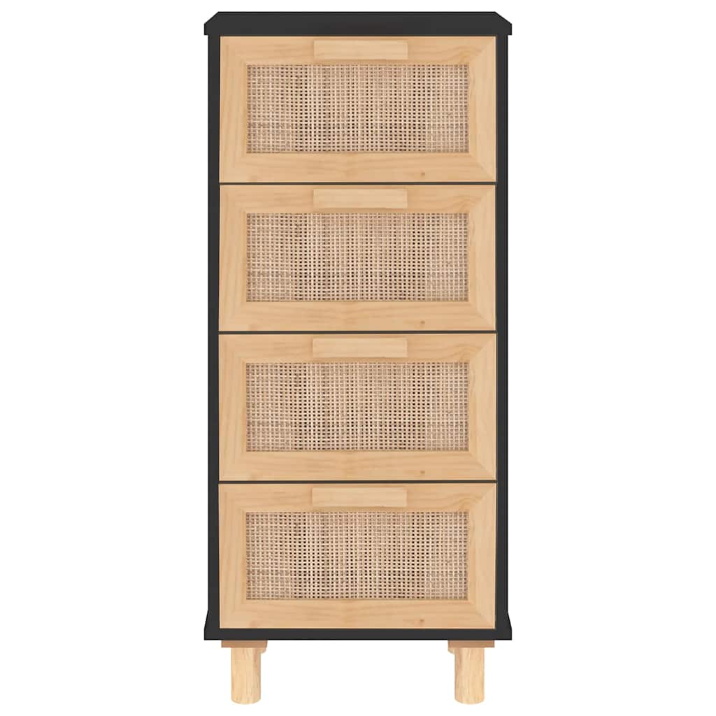 vidaXL Komoda, czarna, 40x30x90 cm, lita sosna i naturalny rattan