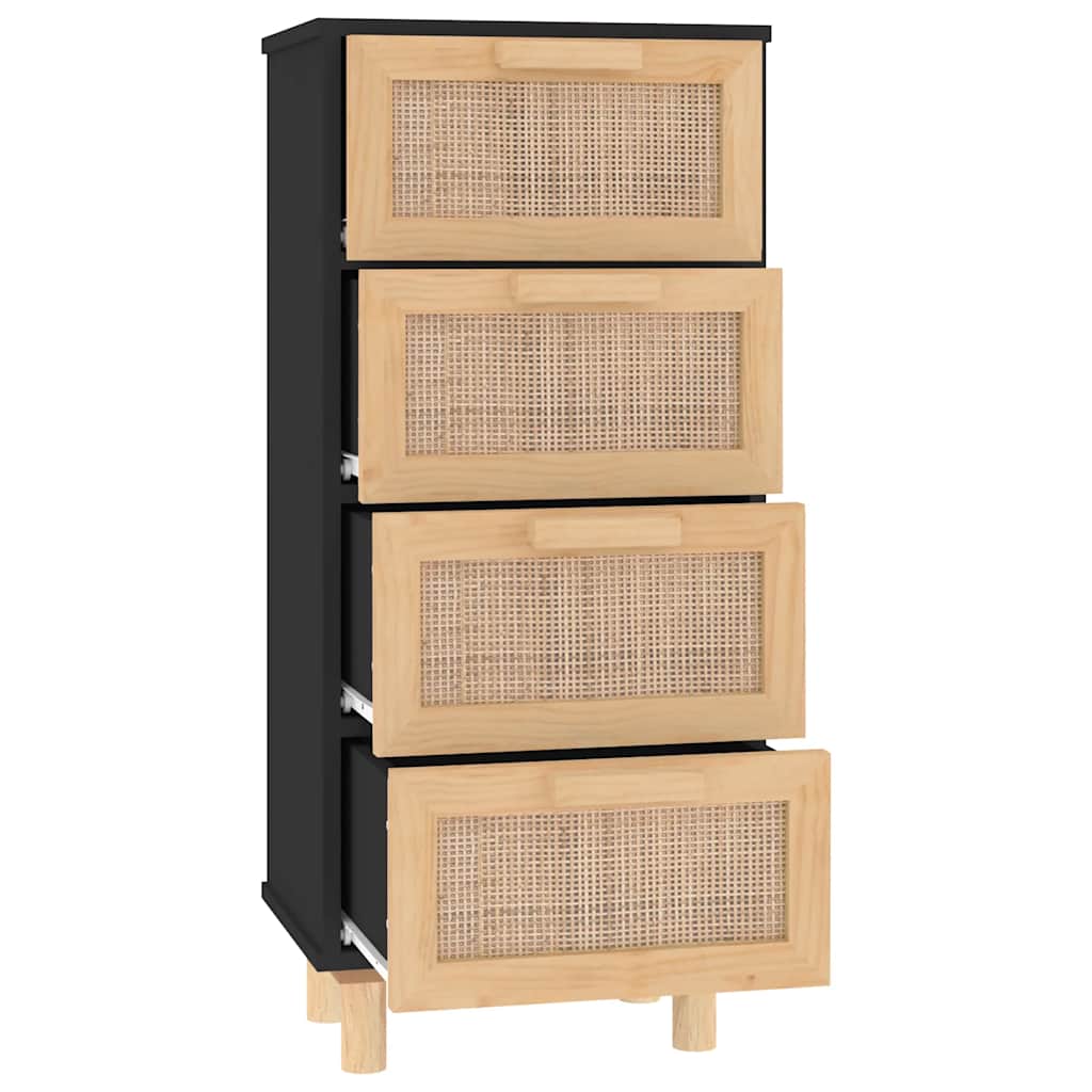 vidaXL Komoda, czarna, 40x30x90 cm, lita sosna i naturalny rattan