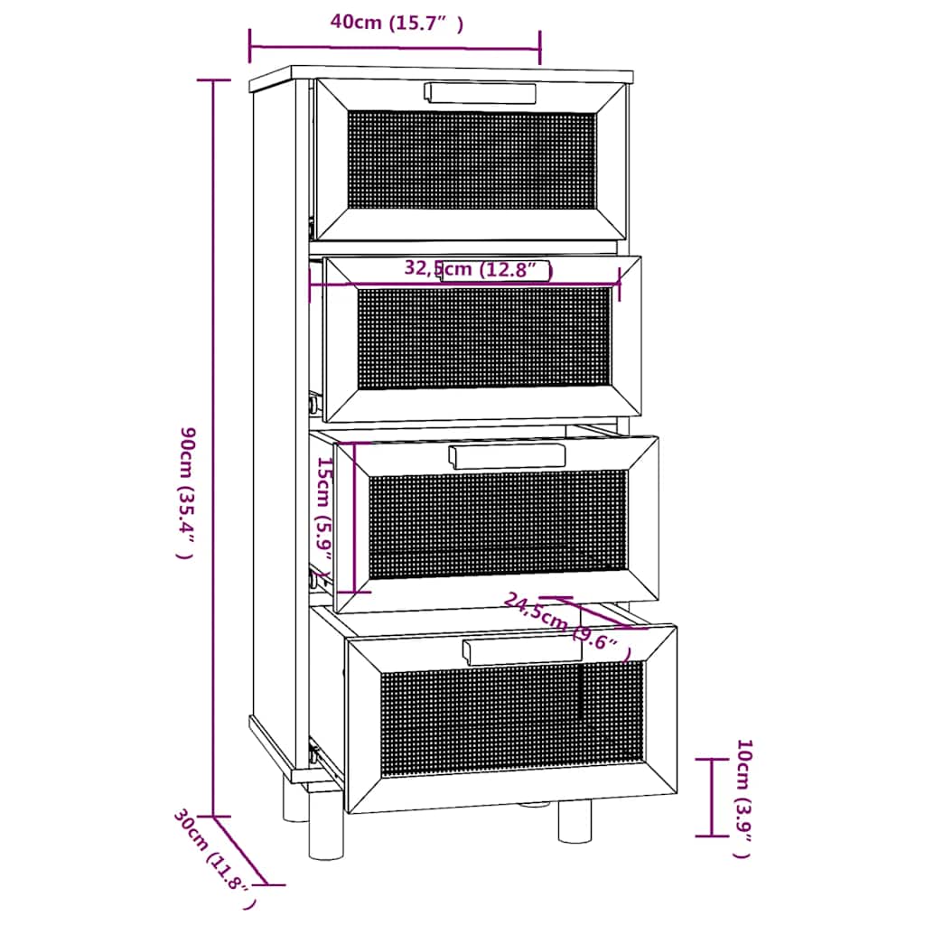 vidaXL Komoda, czarna, 40x30x90 cm, lita sosna i naturalny rattan