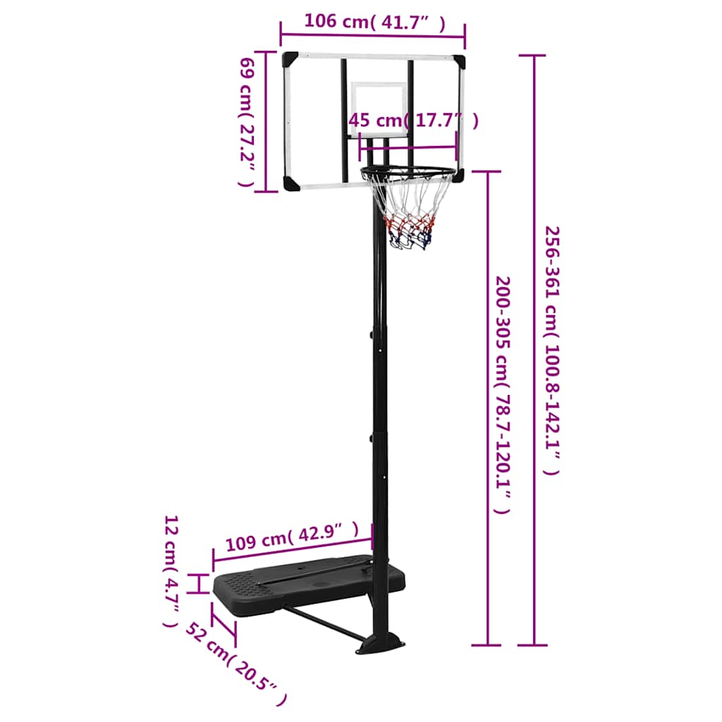 vidaXL Stojak do koszykówki z przezroczystą tablicą, 256-361 cm