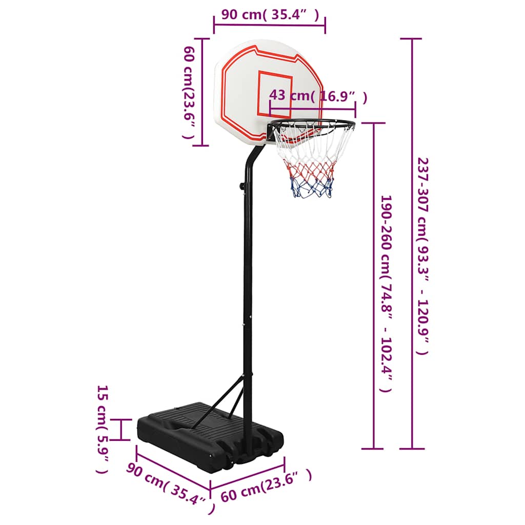 vidaXL Stojak do koszykówki, biały, 237-307 cm, polietylen
