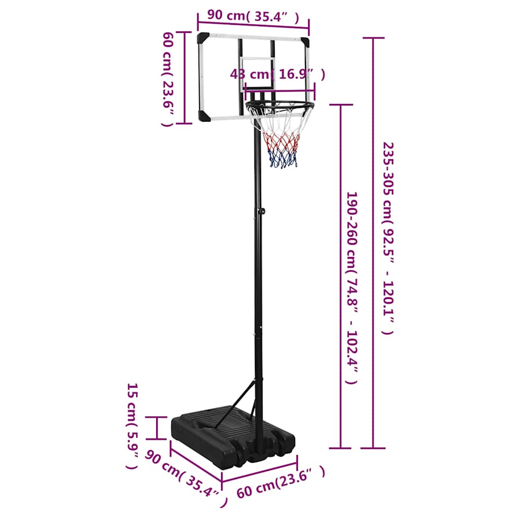 vidaXL Stojak do koszykówki z przezroczystą tablicą, 235-305 cm
