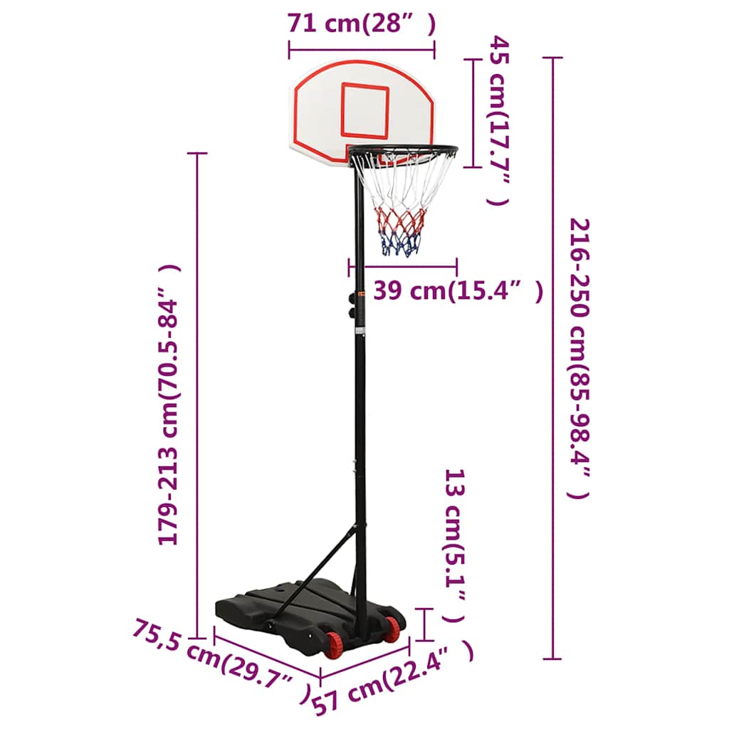 vidaXL Stojak do koszykówki, biały, 216-250 cm, polietylen