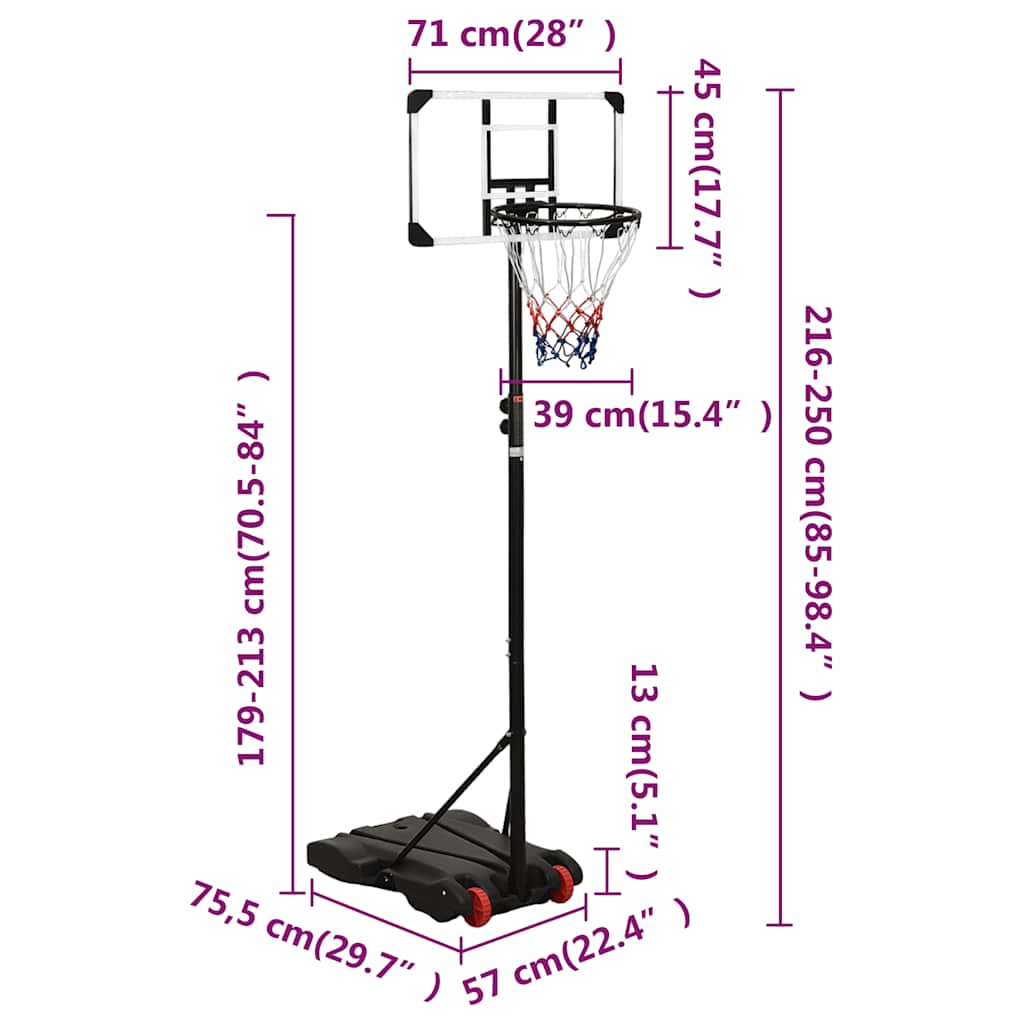vidaXL Stojak do koszykówki z przezroczystą tablicą, 216-250 cm,