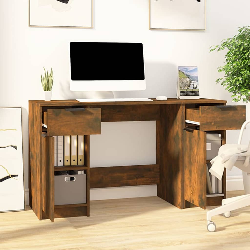vidaXL Biurko z szafką boczną, przydymiony dąb materiał drewnopochodny